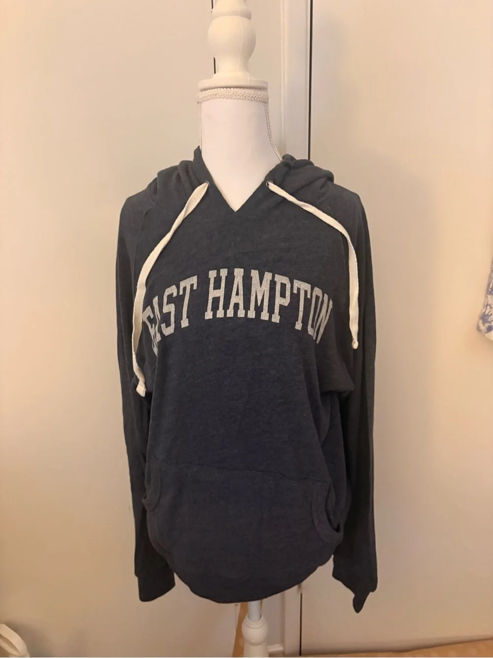 MV Sport Navy V-Neck Hooded Sweater with White Drawstrings